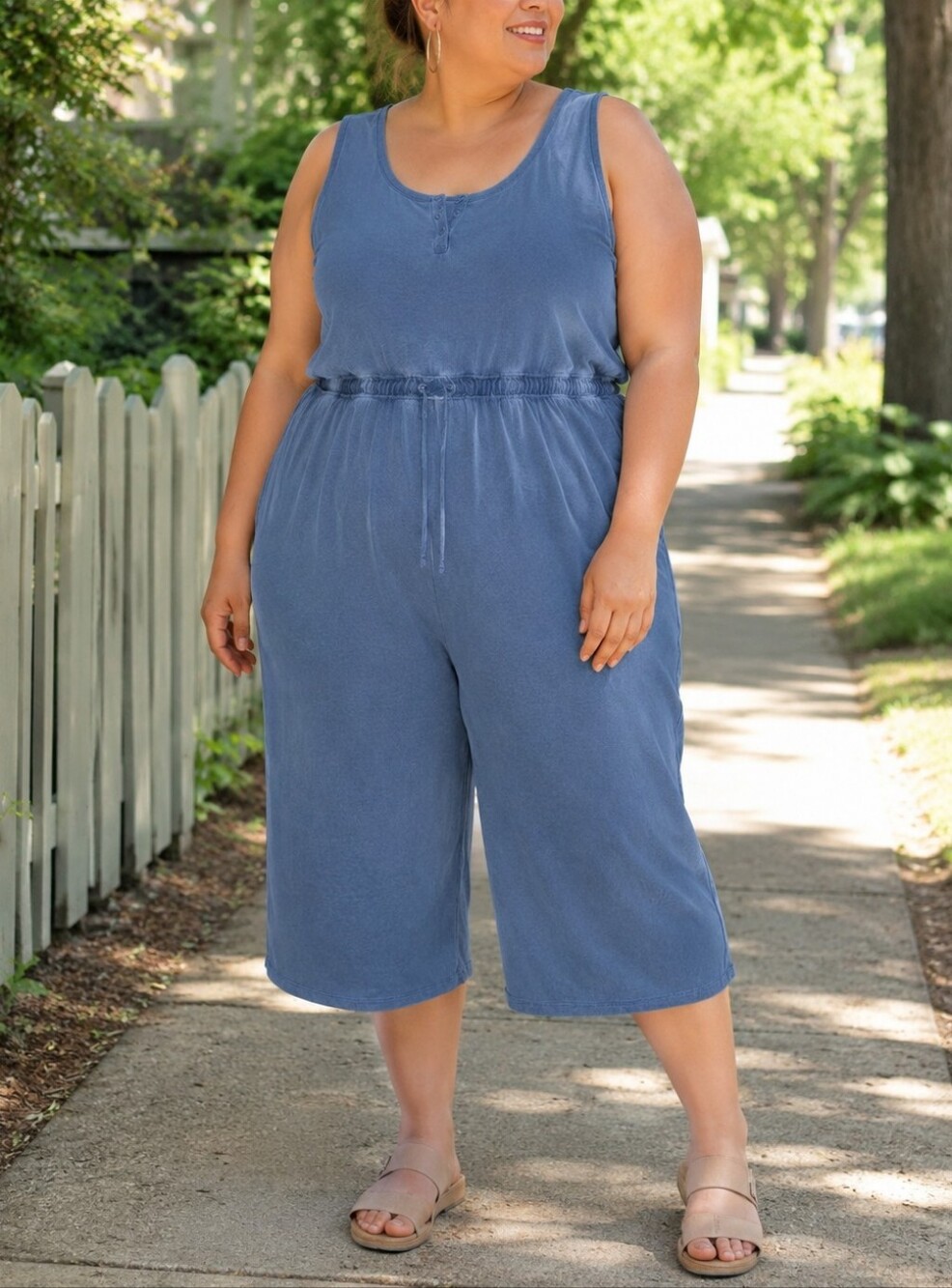Torrid Plus Size Blue Acid Wash Knit Culotte Jumpsuit | Rustic Washed Wide Leg